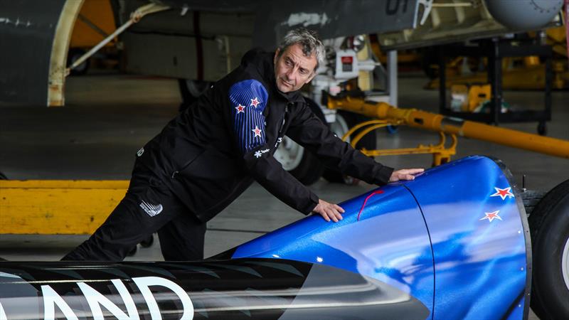 Guillaume Verdier the world's top high performance naval architect casts a glance backward at the support team, as Horonuku is pushed out of the hangar- Project Speed - Emirates Team New Zealand - Test run - Whenupai -May 20, photo copyright Richard Gladwell - Sail-World.com/nz taken at Royal New Zealand Yacht Squadron and featuring the ACC class