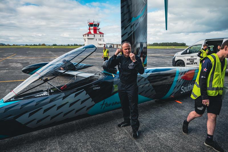 Glenn Ashby with Emirates Team New Zealand's wind powered land speed craft 'Horonuku' is tested at RNZAF base Whenuapai. - photo © Hamish Hooper / Emirates Team New Zealand