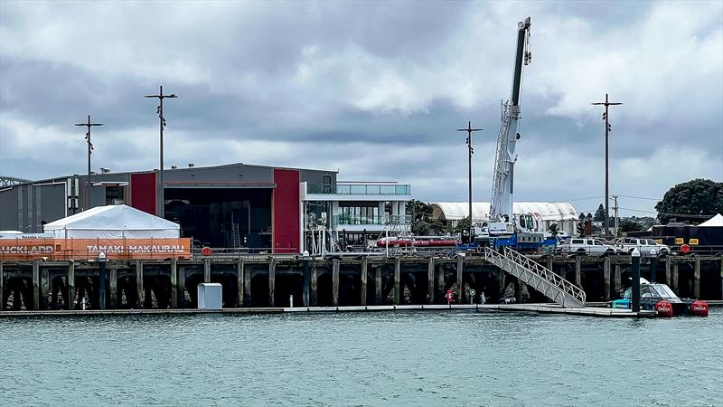 Emirates Team NZ base with hydrogen fuelled Chase Zero and AC40 crane - September 2022 photo copyright Richard Gladwell / Sail-World.com/nz taken at Royal New Zealand Yacht Squadron and featuring the ACC class