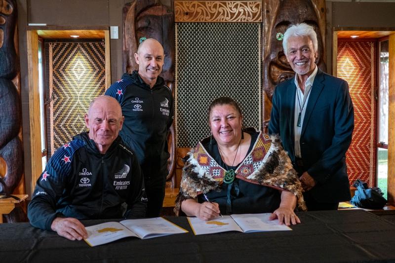 mirates Team New Zealand CEO Grant Dalton, and COO Kevin Shoebridge sign the Kotuitanga with Marama Royal, Chair of Ngati Whatua Orakei and kaumatua Alec Hawke - September 22, 2022 - photo © Emirates Team New Zealand