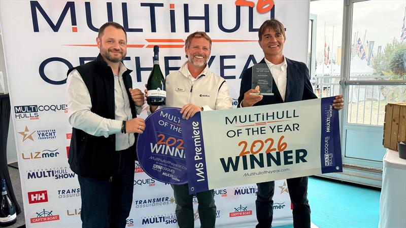 Alain Raas collects the International Multihull Show Premiere Award - photo © Aquila Catamarans