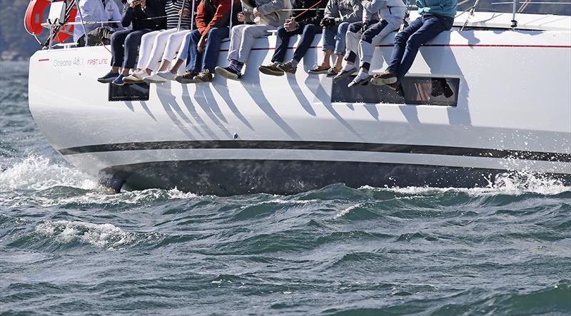 Crew weight well aft to make the most of Bombolo's full beam aft of the shrouds. No wonder she was quick! photo copyright John Curnow taken at Royal Prince Alfred Yacht Club and featuring the Beneteau class