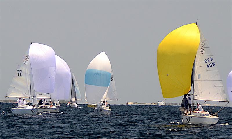 Spinnaker Fleet winner Justin Chambers 'Buc-ee' (sail #221, bow 35) with his crew Doug Thome and Winn Story took the spinnaker series at the 2021 Catalina 22 National Championship with a 1-1-2 score. - photo © Talbot Wilson