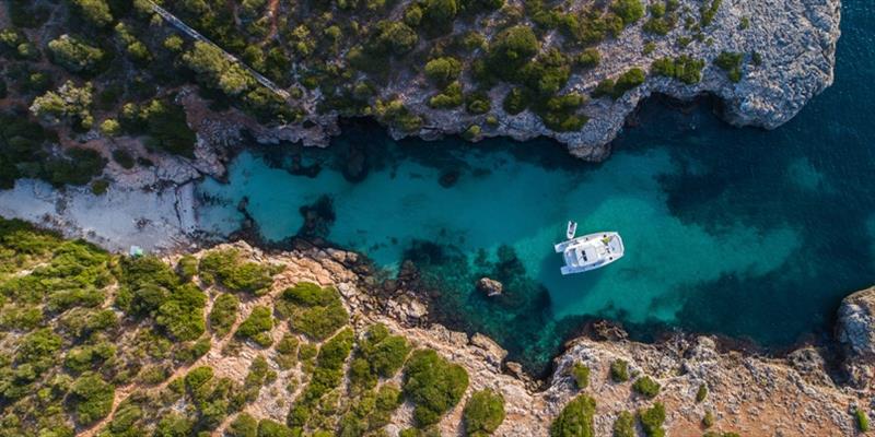 Aerial shot of a Moorings power catamaran in Mallorca - photo © The Moorings