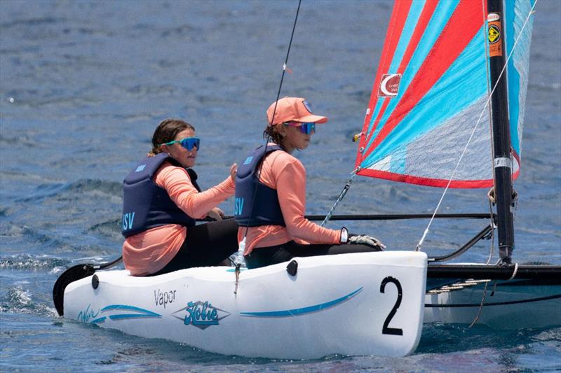 51st St. Thomas International Regatta Day 2: Lilly Brewer and Scarlett Green on BowDown photo copyright STIR / www.ingridabery.com taken at St. Thomas Yacht Club and featuring the Catamaran class