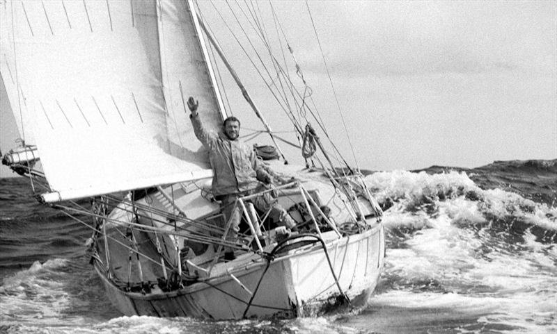 Robin Knox-Johnston waving aboard his 32ft yacht Suhali off Falmouth, England after becoming the first man to sail solo non-stop around the globe - photo © Bill Rowntree / PPL
