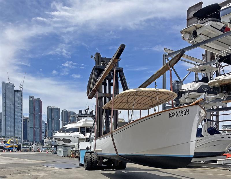 Kooyong 28 about to be splashed for the first time in Sydney photo copyright The Wooden Boatshop taken at Sorrento Sailing Couta Boat Club and featuring the Classic Yachts class