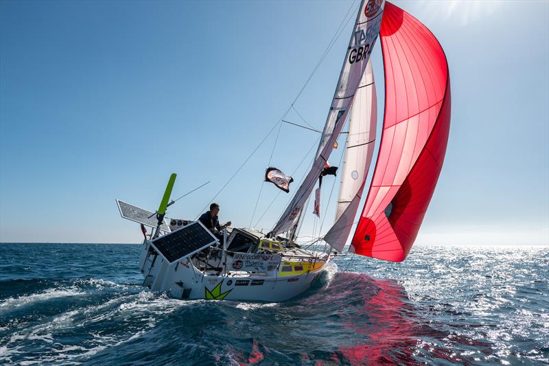 McIntyre Globe 580 Transat: Keri Harris (56, UK, #47 Origami), a retired navy officer and lifetime ultra-competitive dinghy sailor, crossed the line 35 minutes after the leaders, set the A3, and quickly started catching up photo copyright Rob Havill / G580Transat / MGR2025 taken at  and featuring the Class Mini 5.80 class