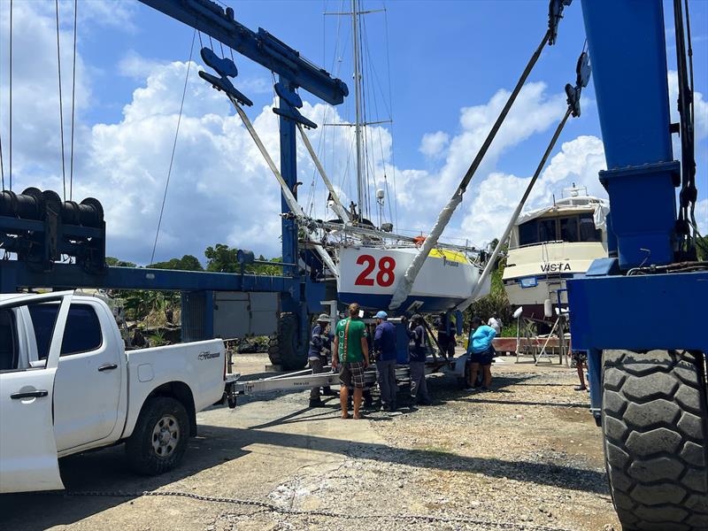 After one false start and two modified trailers the first ALMA Globe 580 is loaded at Shelter Bay marina on the Atlantic side - photo © Don McIntyre / MGR2025