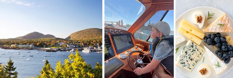 From left: Cruising destination Southwest Harbor, ME; The best seat in the house; Tasty provisions for a fabulous afternoon aboard Andiamo photo copyright Hinckley Yachts taken at  and featuring the Cruising Yacht class