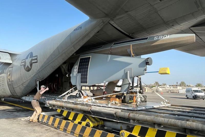 SD 5901 getting loaded into a US Navy Lockheed C-130T Hercules in Bahrain en route to Jordan for the Task Force 59 mission. - photo © Saildrone