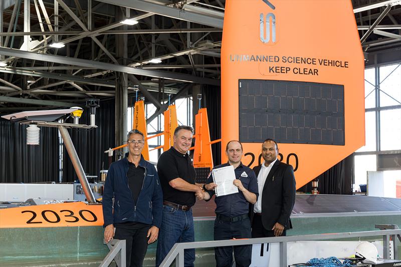 ABS presents first Voyager class certificate. (L to R) Saildrone COO Mark Cuyler, Saildrone Sr. Project Manager Brendan Mullan, ABS Senior Surveyor, San Francisco Port Daniel Grossman, Daryl Bangar, ABS Director of Business Development North America - photo © Saildrone