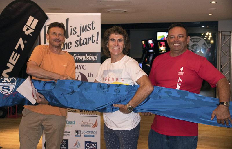 (l-r) Michael Coxon of North Sails, Simon Ellis of Mojo who won the North Sails jib, and Event Organiser, Trevor Martin in the Line 7 Etchells Australasian Championship at Mooloolaba photo copyright Alex McKinnon Photography taken at Mooloolaba Yacht Club and featuring the Etchells class