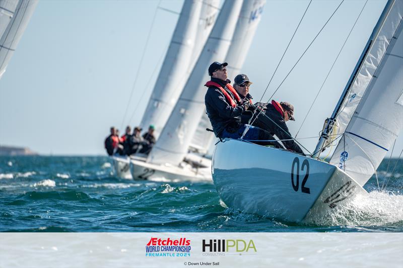 AUS1402 The Croc. Michael Manford, Dean McAullay, Nicholas Gray on day 2 of the 2024 Etchells World Championships photo copyright Alex Dare, Down Under Sail taken at Fremantle Sailing Club and featuring the Etchells class