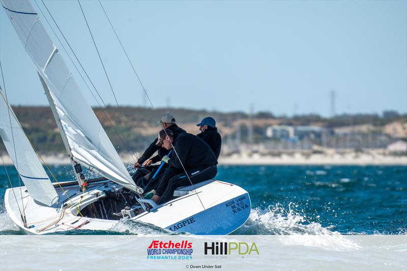 AUS1486 Magpie. Graeme Taylor, James Mayo, Richard Allanson on day 2 of the 2024 Etchells World Championships photo copyright Alex Dare, Down Under Sail taken at Fremantle Sailing Club and featuring the Etchells class