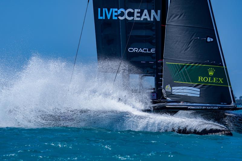 New Zealand SailGP Team helmed by Peter Burling crashes down into the water during the Bermuda SailGP presented by Hamilton Princess - photo © Bob Martin for SailGP