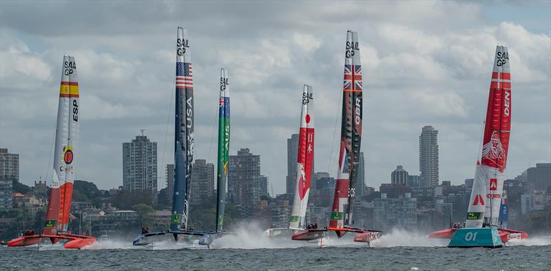 Great Britain SailGP Team helmed by Ben Ainslie leads the fleet during the first race on Race Day 1.  - SailGP - Sydney - Season 2 - February 2020 - Sydney, Australia photo copyright Bob Martin/SailGP taken at Royal Sydney Yacht Squadron and featuring the F50 class