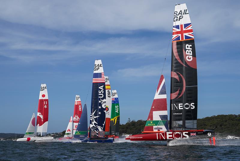 Great Britain SailGP Team helmed by Ben Ainslie prepares to overtake the fleet at the start of the first race on Race Day 2  - SailGP - Sydney - Season 2 - February 2020 - Sydney, Australia. - photo © Bob Martin/SailGP