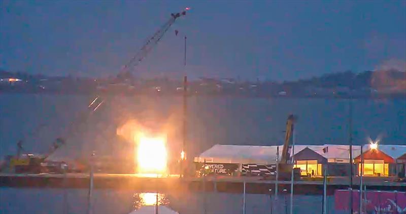 Live Ocean's rig is lifted from the F50 under the glare of floodlights in Bermuda - photo © PTZtv