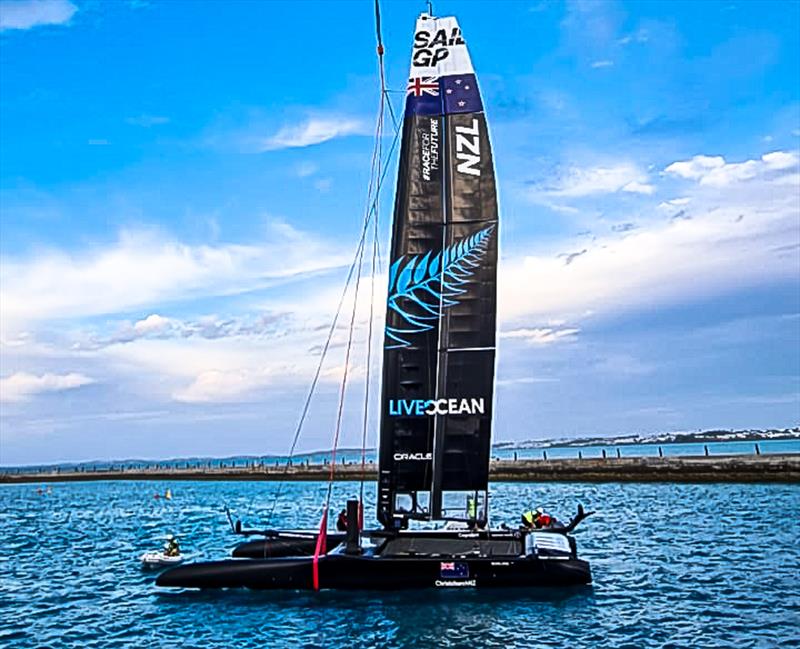 LiveOcean, the NZSailGP F50 sits in the slings, in fast fading light, off the SailGP operational racing facility on Cross Island, Bermuda photo copyright NZSailGP taken at Royal Bermuda Yacht Club and featuring the F50 class
