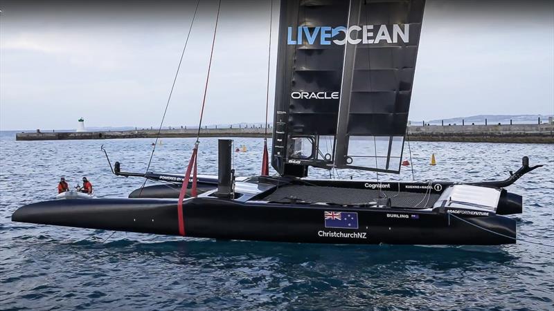  NZSailGP's F50 sits in the slings, in fast fading light, off the SailGP operational racing facility on Cross Island, Bermuda photo copyright NZSailGP taken at Royal Bermuda Yacht Club and featuring the F50 class