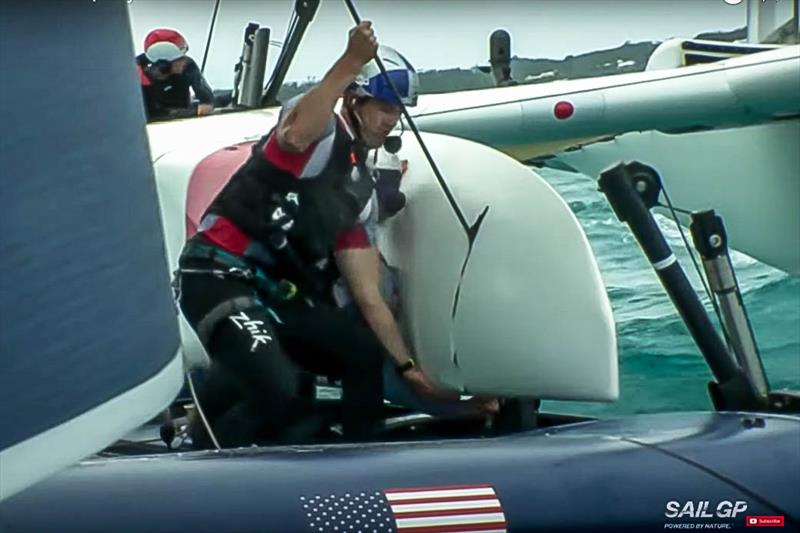 Aboard Japan SailGP after the collision with the USA's backstay sliced through the starboard hull photo copyright Japan SailGP taken at Royal Bermuda Yacht Club and featuring the F50 class
