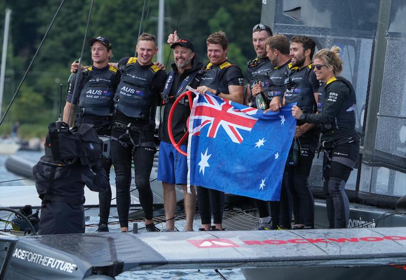 Frederik, Crown Prince of Denmark, 6th sailor on the Denmark SailGP Team presented by ROCKWOOL, congratulates Australia SailGP Team after they win the final race photo copyright Ian Roman for SailGP taken at Sailing Aarhus and featuring the F50 class