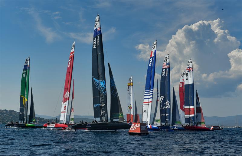 The SailGP F50 catamaran fleet on Race Day 2. France SailGP, Event 5,  photo copyright Ricardo Pinto/SailGP taken at Société Nautique de Saint-Tropez and featuring the F50 class