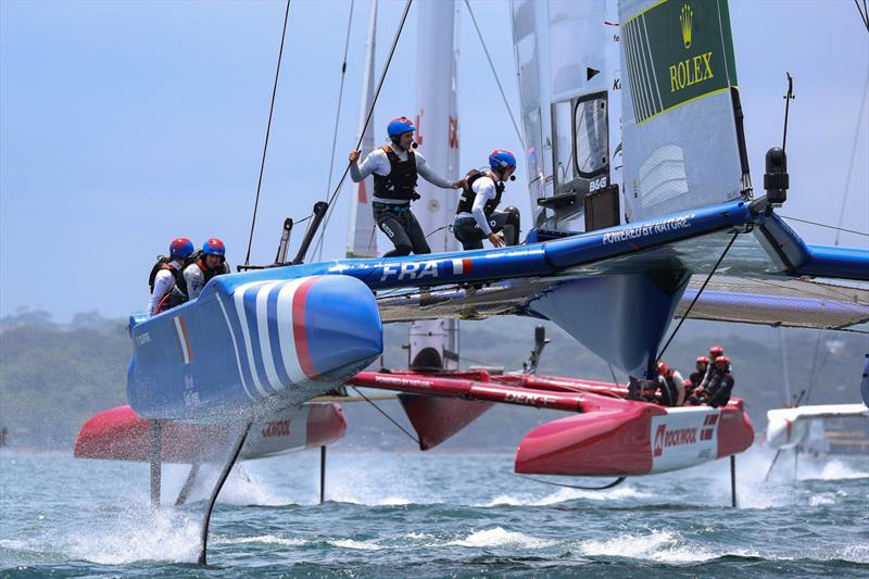 France SailGP Team helmed by Quentin Delapierre and Denmark SailGP Team  helmed by Nicolai Sehested in action during the practice fleet races ahead of Australia Sail Grand Prix  photo copyright Phil Hilyard/SailGP taken at Woollahra Sailing Club and featuring the F50 class