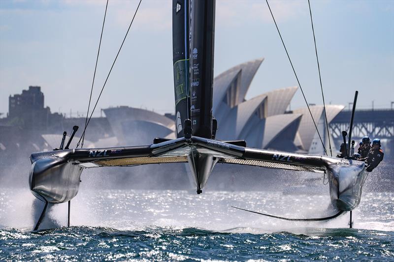 New Zealand SailGP Team co-helmed by Peter Burling and Blair Tuke sail away from Sydney Opera House during a practice session ahead of Australia Sail Grand Prix presented by KPMG. - photo © David Gray/SailGP