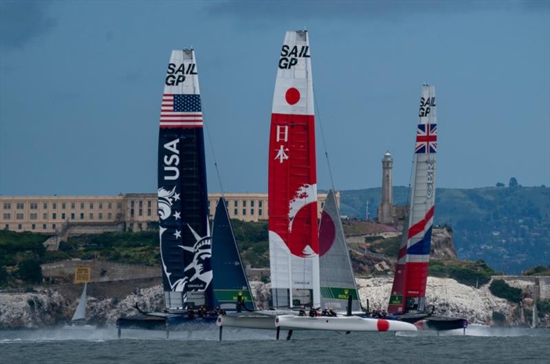 SailGP teams flying by Alcatraz during the 2019 event photo copyright Bob Martin for SailGP taken at  and featuring the F50 class