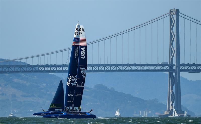 USA SailGP Team helmed by Jimmy Spithill sail alongside the Oakland Bay Bridge during a practice session ahead of San Francisco SailGP, Season 2 in San Francisco, USA - photo © Ricardo Pinto for SailGP