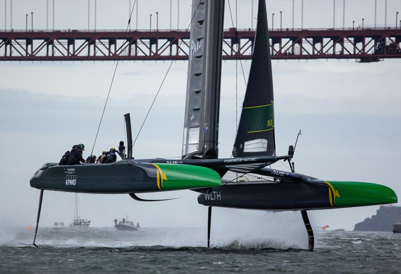 Australia SailGP Team helmed by Tom Slingsby sails past the Golden Gate Bridge on Race Day 2 of San Francisco SailGP, Season 2 photo copyright Felix Diemer /SailGP taken at Golden Gate Yacht Club and featuring the F50 class