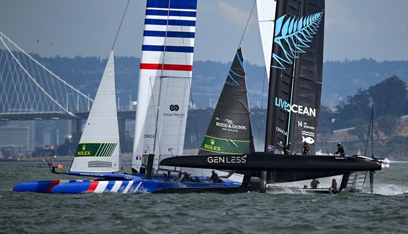 France SailGP Team helmed by Quentin Delapierre and New Zealand SailGP Team co-helmed by Peter Burling and Blair Tuke collide on Race Day 2 of San Francisco SailGP, Season 2  - photo © Ricardo Pinto/SailGP