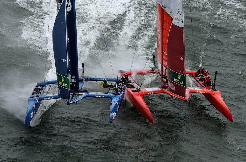 Collision between USA SailGP Team and Spain SailGP Team on Race Day 2 of San Francisco SailGP, Season 2 photo copyright Simon Bruty for SailGP taken at Golden Gate Yacht Club and featuring the F50 class