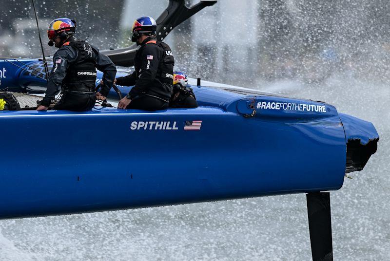 Damage after a collision between USA SailGP Team and Spain SailGP Team on Race Day 2 of San Francisco SailGP, Season 2 photo copyright Ricardo Pinto for SailGP taken at Golden Gate Yacht Club and featuring the F50 class