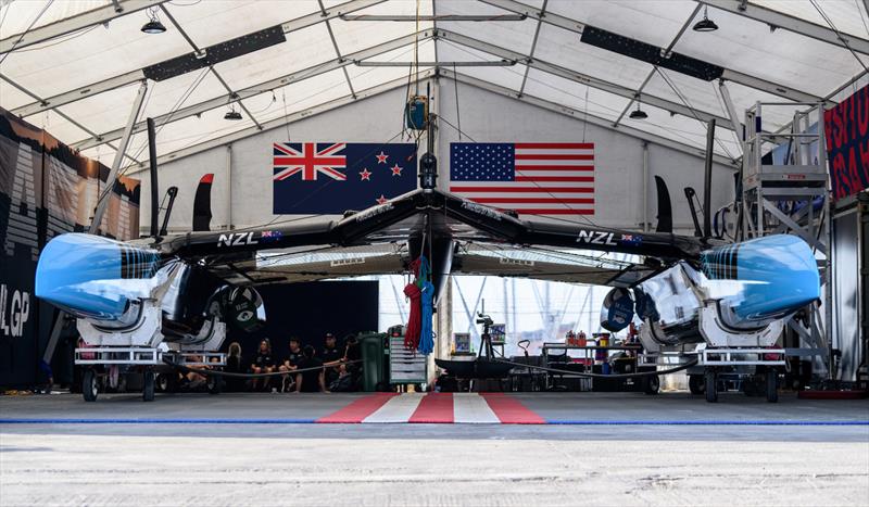 The New Zealand SailGP Team F50 catamaran at the technical base ahead of the Great Britain Sail Grand Prix | Plymouth in Plymouth, England. 29th July  2022 - photo © Ricardo Pinto/SailGP