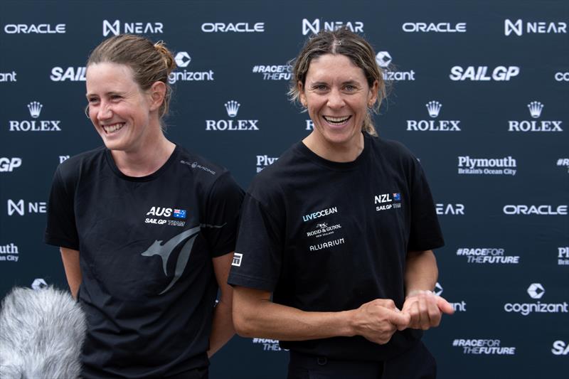 Lucy Copeland of Australia SailGP Team and Jo Aleh of New Zealand SailGP Team speak to the media following racing on Race Day 1 of the Great Britain Sail Grand Prix | Plymouth in Plymouth, England. 30th July 2022 photo copyright Ricardo Pinto/ SailGP taken at Royal Plymouth Corinthian Yacht Club and featuring the F50 class