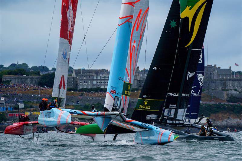 Great Britain SailGP Team, Denmark SailGP Team  and Australia SailGP Team in action on Race Day 2 of the Great Britain Sail Grand Prix | Plymouth in Plymouth, England. 31st July . Photo: Jon Super for SailGP. Handout image supplied by SailGP photo copyright Jon Super/SailGP taken at Royal Plymouth Corinthian Yacht Club and featuring the F50 class