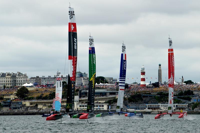Switzerland SailGP lead the pack at SailGP Great Britain, Plymouth UK, July 2022 photo copyright SailGP taken at Royal Plymouth Corinthian Yacht Club and featuring the F50 class