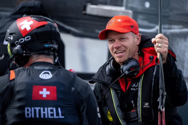 Nathan Outteridge,  Switzerland SailGP Team, speaks with Stuart Bithell, wing trimmer of Switzerland SailGP Team, during a break in racing on Race Day 1 of the Great Britain Sail Grand Prix | Plymouth in Plymouth, England - photo © Jon Buckle/SailGP