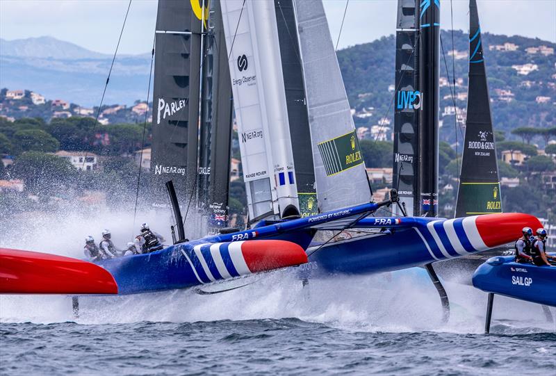 France SailGP Team helmed by Quentin Delapierre leap out of the water during a practice session ahead of the Range Rover France Sail Grand Prix in Saint Tropez, France. 8th September - photo © David Gray/SailGP