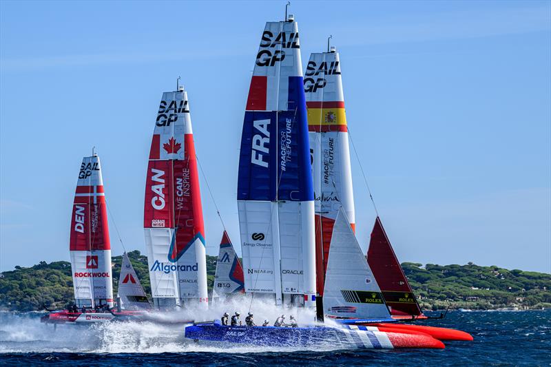 Denmark SailGP Team , Canada SailGP Team, France SailGP Team and Spain SailGP Team in action during a practice session ahead of the Range Rover France Sail Grand Prix in Saint Tropez, France photo copyright Ricardo Pinto/SailGP taken at Société Nautique de Saint-Tropez and featuring the F50 class