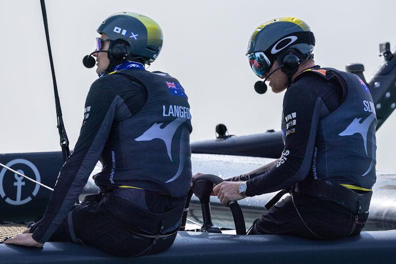 Tom Slingsby, CEO and driver of Australia SailGP Team, at the wheel during a practice session ahead of the Dubai Sail Grand Prix presented by P&O Marinas in Dubai, United Arab Emirates photo copyright Felix Diemer for SailGP taken at  and featuring the F50 class