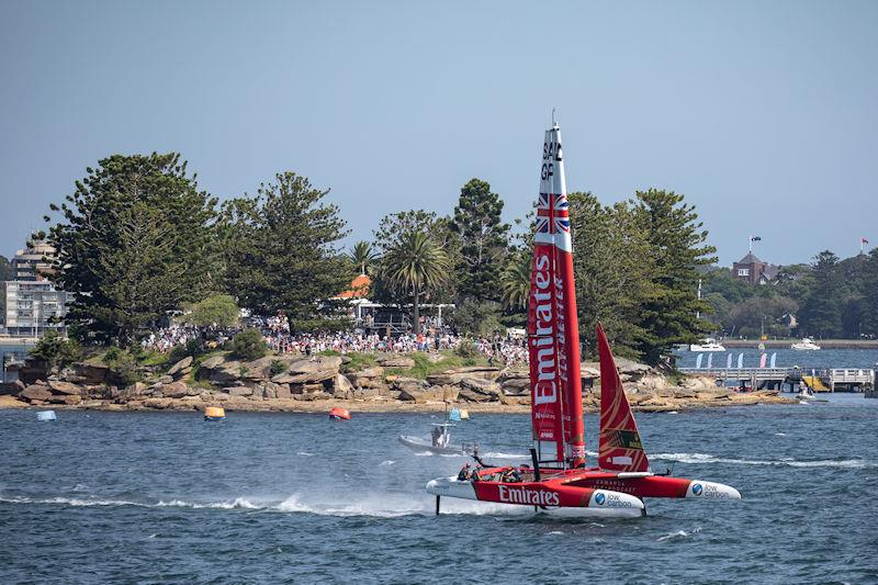 Emirates Great Britain SailGP Team helmed by Ben Ainslie sail past Genesis Island on Race Day 1 of the KPMG Australia Sail Grand Prix in Sydney, Australia photo copyright Chris Elfes for SailGP taken at  and featuring the F50 class