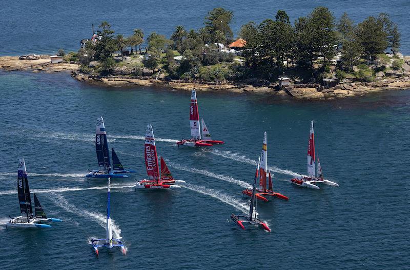 The fleet sail past Genesis Island as they practice a race during a practice session ahead of the KPMG Australia Sail Grand Prix in Sydney, Australia photo copyright David Gray for SailGP taken at  and featuring the F50 class