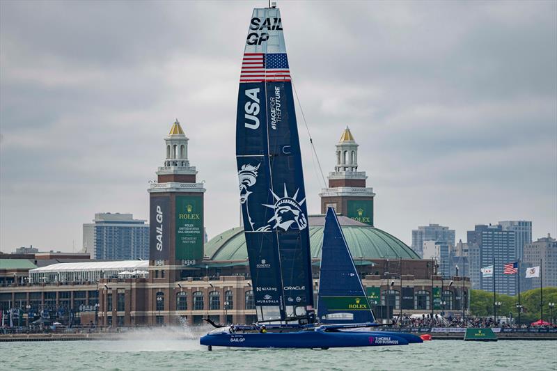 USA SailGP Team helmed by Jimmy Spithill sail past Navy Pier - SailGP - Season 4 - SailGP USA photo copyright Bob Martin/SailGP taken at Lake Michigan Yacht Club and featuring the F50 class