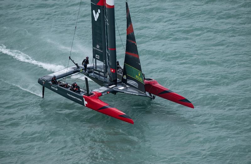 Switzerland SailGP Team helmed by Nathan Outteridge in action during a practice session ahead of the ITM New Zealand Sail Grand Prix in Christchurch, New Zealand photo copyright Ricardo Pinto for SailGP taken at  and featuring the F50 class