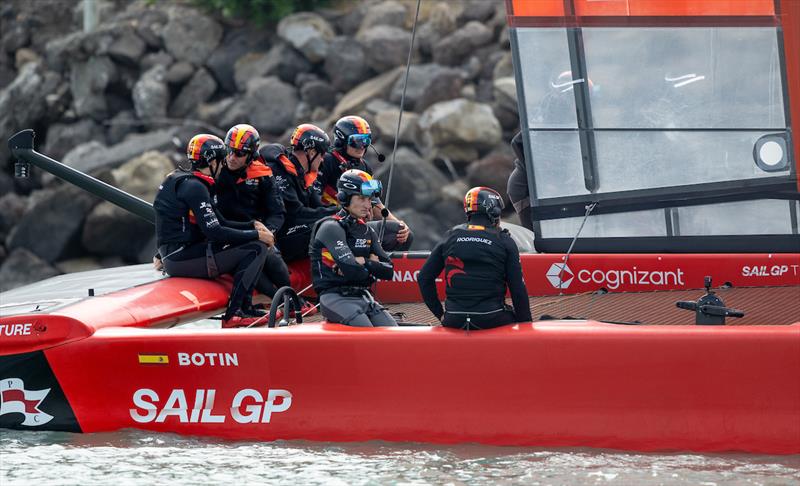 Spain SailGP Team helmed by Diego Botin wait for racing clearance as a dolphin was spotted on the racecourse on Race Day 1 of the ITM New Zealand Sail Grand Prix in Christchurch, March 23, 2024 photo copyright Ricardo Pinto/SailGP taken at Naval Point Club Lyttelton and featuring the F50 class