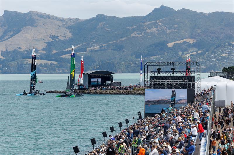 New Zealand SailGP Team and Australia SailGP Team on the water in front of spectators in the grandstand ahead of racing on Race Day 1 of the ITM New Zealand Sail Grand Prix in Christchurch, New Zealand. March 23, 2024 - photo © Brett Phibbs/SailGP